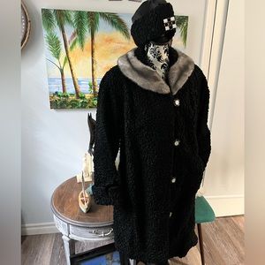 Black Faux Fur  lamb Coat with Gray Faux Fur Collar